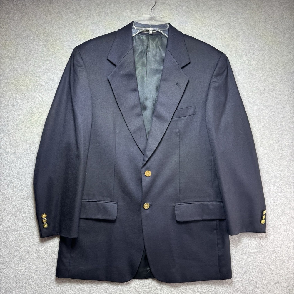 VTG Botany 500 Jacket 100% Virgin Wool Blazer Suit Coat Navy Blue Gold Button